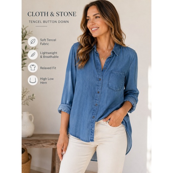cloth & stone Tops - Cloth & Stone Tencel Chambray Button Down Shirt Womens Small Blue High Low Hem